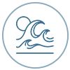 Simple blue line drawing of ocean waves with the sun in the background, all enclosed within a circular border.