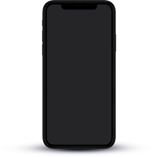 A black smartphone with a blank, dark screen is centered on a light gray background, casting a soft shadow below it.